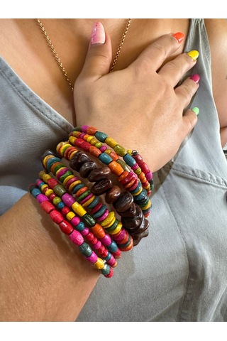 Bambu Boncuklu Renkli Etnik Otantik Dolama Kadın Bileklik Renkli