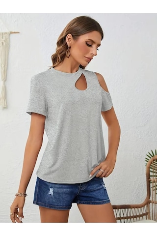 Modaserdem Kadın Kısa Kollu Tek Omuzu Açık Damla Detaylı Viskon Bluz Gri