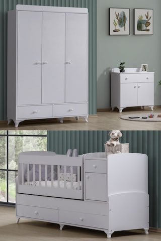 Elegant Çocuk Odası Takımı, Elegant 3 Kapaklı Dolap, Büyüyen Beşik, Şifonyer - Beyaz