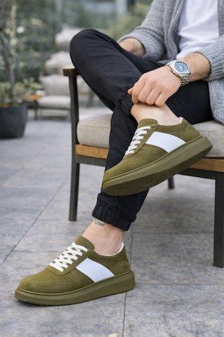 Mevese Lunex Erkek Bağcıklı Süet Günlük Spor Sneaker Ayakkabı - Haki - Beyaz