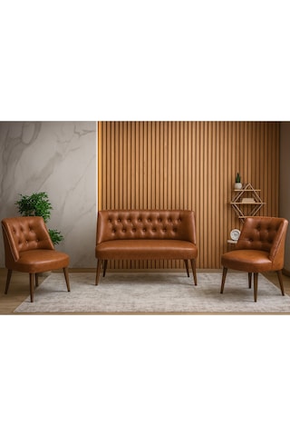 Milano 3 Lü Deri Oturma Grubu 2 Berjer + 1 İkili Koltuk Ofis & Ev Kullanımı Taba Taba