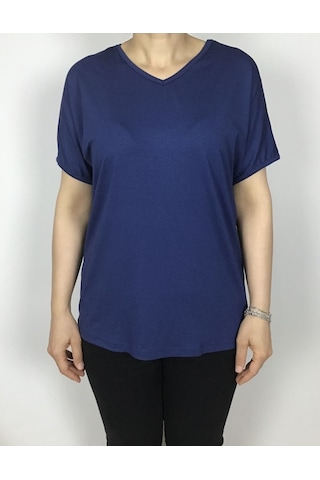 Kısa Kol V Yaka Likralı Düz Penye Bluz Mavi
