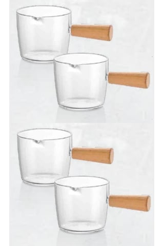 Flosoft Ahşap Saplı 4 Lü Mika Sosluk Takımı, Sos Reçel Baharat Kahve Yanı Sunum Seti