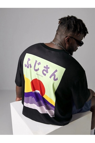 Erkek Siyah Oversize Dağ Baskılı T-shirt Siyah-68486