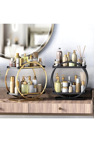 Sones 2 Katlı Kozmetik Sergileme Tepsisi Makyaj Düzenleyici Ve Saklama Şifonyer Banyo Siyah Ve Altın