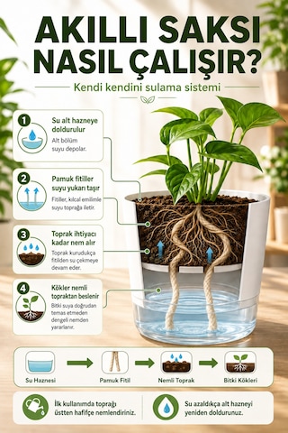 Akıllı Saksı Kendinden Sulamalı Fitilli Modern Dekoratif Saksı 2 Litre
