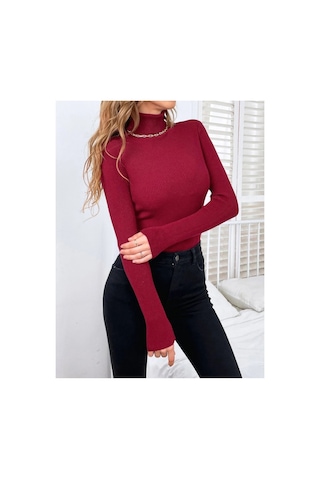 Hanclo Kadın Fitilli Balıkçı Yaka Slim Fit Triko Kazak Bordo
