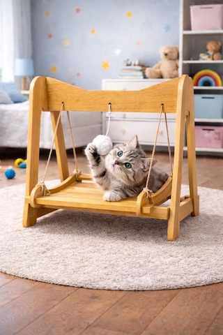Ahşap Kedi Salıncağı & Oyun Platformu Ponponlu, Doğal Ahşap Oyuncak