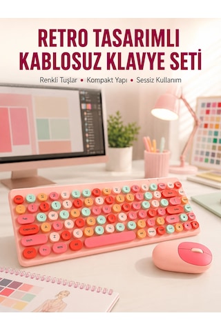 Mey İthalat Renkli Retro Tuş Takımlı Klavye 3 Cihaz Bağlantısı, Medya Kısayol Tuşları Yeni Nesil Diğer
