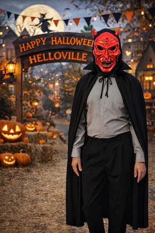 Parlak Kırmızı Şeytan Kafatası Maske Ve Yakalı 120 Cm Pelerinli Halloween Korku Kostüm Seti Cosplay