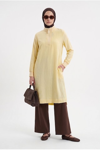 Armine Trend Yarım Fermuarlı Kolları Lastikli Çilek Kumaş Tunik Sarı 26yt462