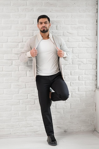 San&fa Dik Yaka Çizgili Fermuarlı Regular Fit Yünlü Triko Hırka Krem