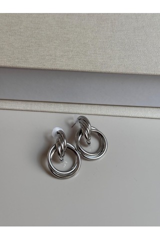 Çift Halka Formlu Gümüş Renk Çelik Küpe Minimal Ve Modern Tasarım Gümüş