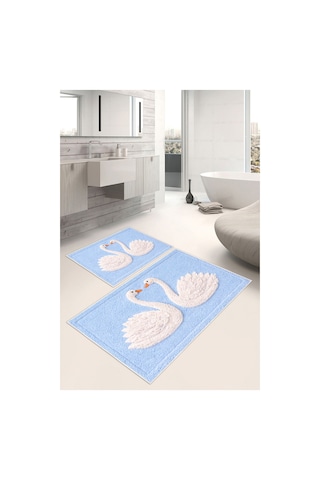 Kuğu Desenli Dijital Baskılı Yıkanabilir 2li Banyo Paspası 50x60-60x100 Mavi