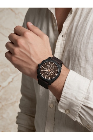 Lee Cooper Kahverengi Deri Kayış Kahverengi Kadran 42 Mm Yuvarlak Erkek Kol Saati, Bileklik Hediyeli Siyah