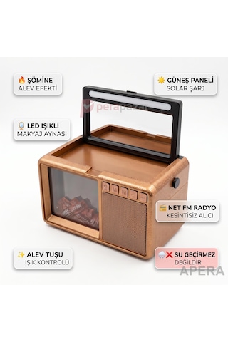 Fepe Fp-611-s Güneş Panelli Bluetooth Radyo Şömine Alev Efektli Aynalı Şarjlı Taşınabilir Hoparlör Açık Kahve