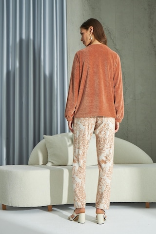 Sevim Kadın Uzun Kol Kadife Jakarlı Taba Pijama Takımı C1t5n2o67 001