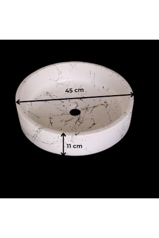 Mermer Desenli Tezgah Üstü Yuvarlak Çanak Taş Lavabo 45 Cm Beyaz