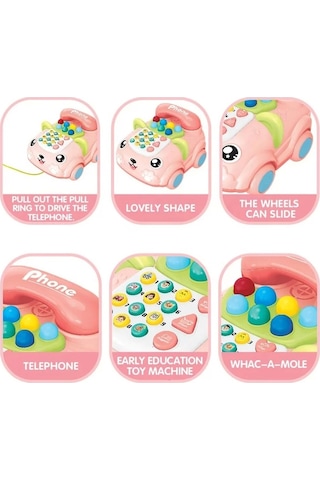 Müzikli Işıklı İpli Çekmeli Arabalı Neşeli Oyuncak Telefon Pembe