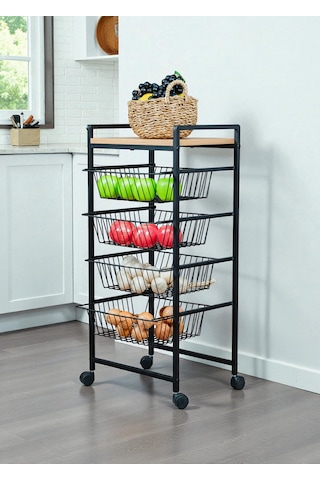 Dekoratif Tekerlekli Metal Sebzelik 4 Tel Sepetli Çam Ahşap Raflı Çok Amaçlı Stand Siyah