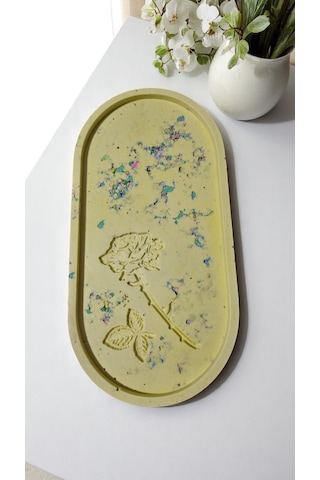 Gül Çizimli El Yapımı Dekoratif Tabak Özel Tasarım 23 X 13 Cm - Sarı Sarı