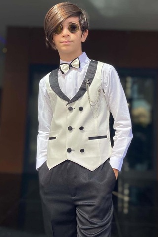 Riccotarz Erkek Çocuk Şal Yaka Düğme Detaylı Beyaz Cepken Yelek Gabardin Gömlek Takım Elbise Beyaz