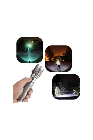 Tongxida 2000lm Taktik Led Fener 5 Modlu 18650 Şarjlı Gümüş Kasa Zıplama Beyaz