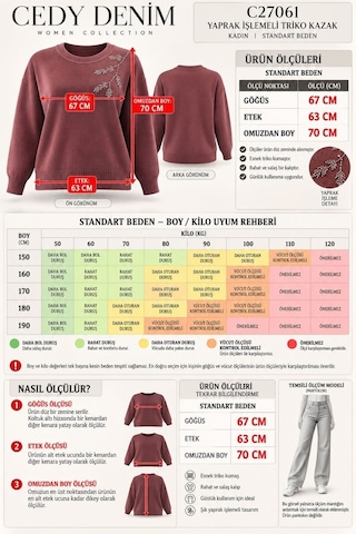 Cedy Denim Cedy Denım Kadın Bisiklet Yaka Dal Yaprak İşlemeli Taş Detaylı Dokulu Triko Kazak C27061 Kahverengi