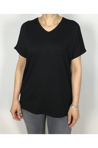 Kısa Kol V Yaka Likralı Düz Penye Bluz siyah