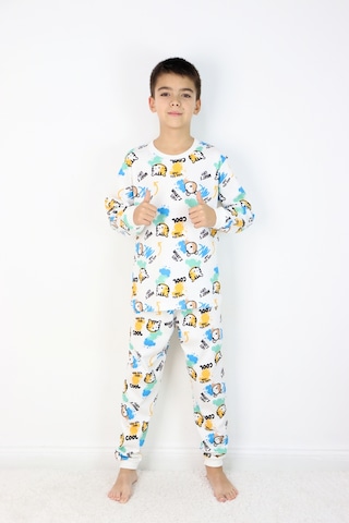 Harika Kids Erkek Çocuk Baskılı İnterlok Kumaş Uzun Kollu Pijama Takımı Beyaz - Mavi