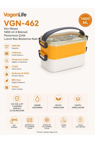 Vagonlife Vgn-462 Sarı-beyaz 1400 Ml 3 Bölmeli Paslanmaz Çelik Lunch Box Beslenme Kabı Çok Renkli