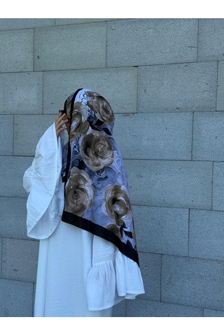 Qalortex Scarf Pamuklu Rose Desen Şal- Siyah/gri Siyah-Gri