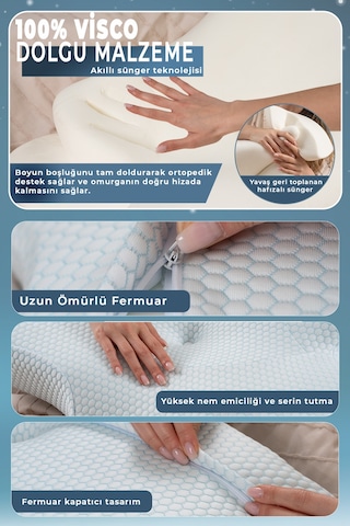 Nox Ice Serinletici Kılıflı Visco Soğuk Boyun Destekli Ortopedik Visco Yastık - Rahat Uyku Ve Güzellik Yastığı 64x38x12,5 Cm Mavi