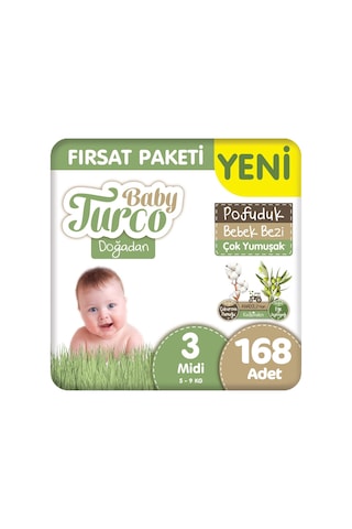 Baby Turco Doğadan 3 Beden Pofuduk Bebek Bezi Fırsat Paketi 42x4 168 Adet 3 Numara