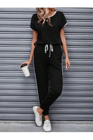Kadın Kısa Kollu Kayık Yaka Viskon Iki Iplik Bluz Ve Bağcıklı Pantolon Ikili Takım Siyah