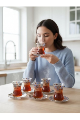 Topkapı 6 Kişilik Çay Seti, French Press Hediyeli, 9 Farklı Osmanlı Desenli Çay Bardağı Takımı 6, Topkapı Kır Diğer