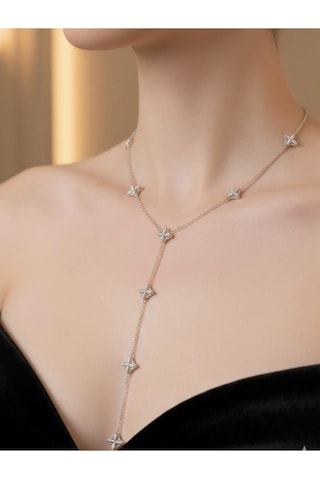 Kadın Zirkon Yonca Taşlı Y Model Çelik Kolye Altin