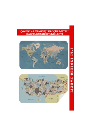 Eğitici - Öğretici Dünya Ve Türkiye Haritası Çocuk Odası Duvar Sticker-60x105-3889 Çok Renkli