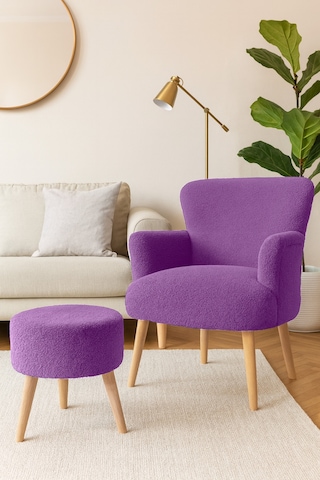 Roma Berjer + Puf Set - Welsoft Yumuşak Kumaş - Ahşap Ayak - Lila Lila