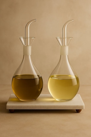 Qerhome Mermer Stantlı Borosilikat Cam Tombul Yağlık 2'li Set 900 Ml Şeffaf