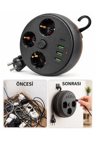 Akım Korumalı Makaralı Priz 2 Metre Kablo 3x Usb Çıkışı 1x Typ-c 3x Priz Açma Kapama Düğmesi 100-250v Ev Ofis