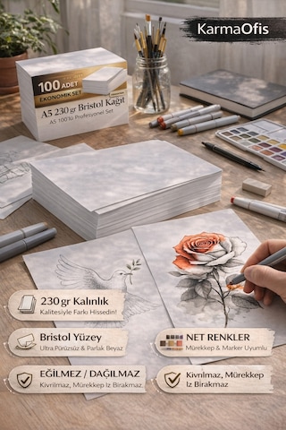 A5 230 Gr Bristol Kağıt 100 Adet Kalın, Pürüzsüz, Marker & Teknik Çizim