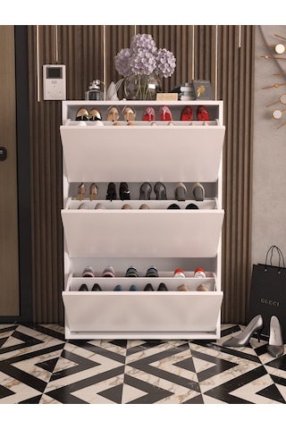 Skeche Düşer Kapak Ayakkabılık Raflı Ayakkabılık 3 Bölmeli Ayakkabılık Beyaz Beyaz