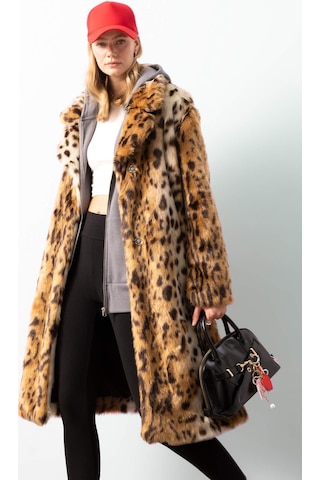 DeFacto Relax Fit Leopar Desenli Ceket Yaka Cepli Uzun Suni Kürk Kaban D4005AX24WNBN561 Kahve