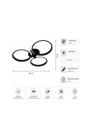 AvizeGO Yuno Led Plafonyer Avize Beyaz Işık Siyah