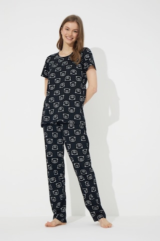 Siyah İnci Siyah Ayıcık Desenli Kısa Kollu Pamuklu Pijama Takımı Siyah A Desen
