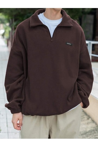 Genıus Store Erkek Polar Oversize Sweatshirt Polar Sweatshirt Kahverengi