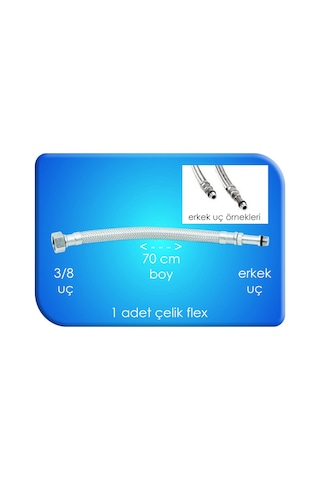 Flex Çelik Batarya Bağlantı 70 Cm 3/8 Uç Erkek Uç Su Tesisatı 1 Adet