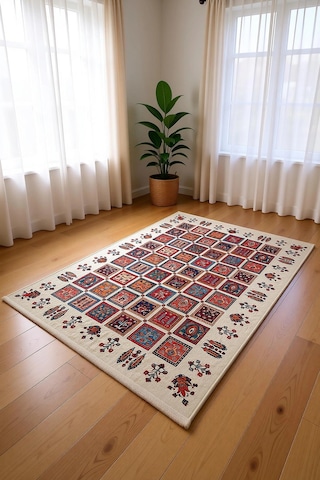 Blghome Renkli Etnik Desen Modern Halı Dekoratif Kilim Kırmızı