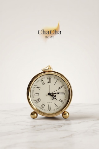 Chacha Home Serene Bell Vintage Metal Çalar Saat & Premium Masaüstü Dekoratif Obje 16x14 Cm Gold